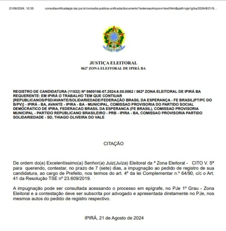 Candidatura de Thiago do Vale impugnada por suposta união estável com filha do prefeito.